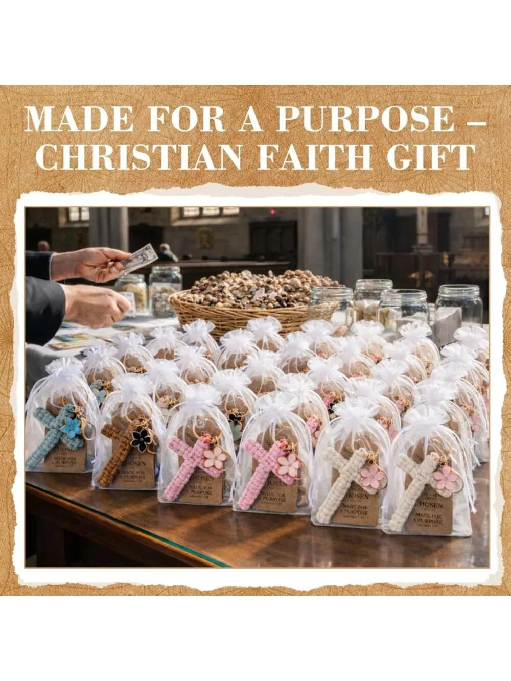 12 Macrame Cross Keychains Set with Inspirational Cards & Flower Charm - Boho